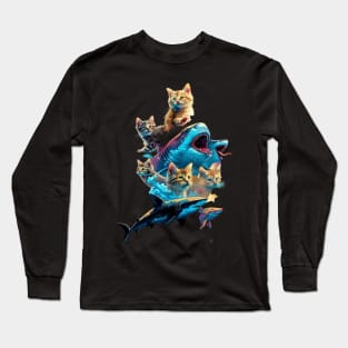 Cat Riding Shark Whiskered Discovery Long Sleeve T-Shirt